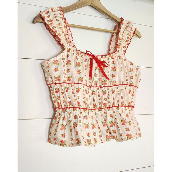 Coquette Floral Ruffle Peplum Top Bow Milkmaid Cottagecore Romantic Feminine L - Picture 3 of 10